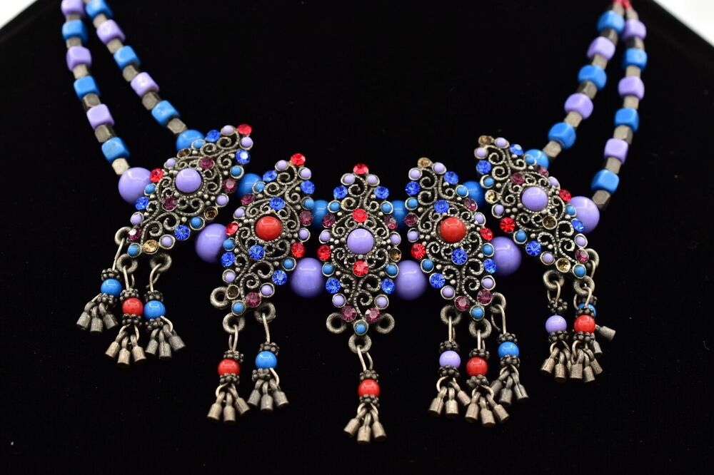 Vintage Choker Collar Necklace Purple Blue Red Beaded Rhinestone Dangle BinA17